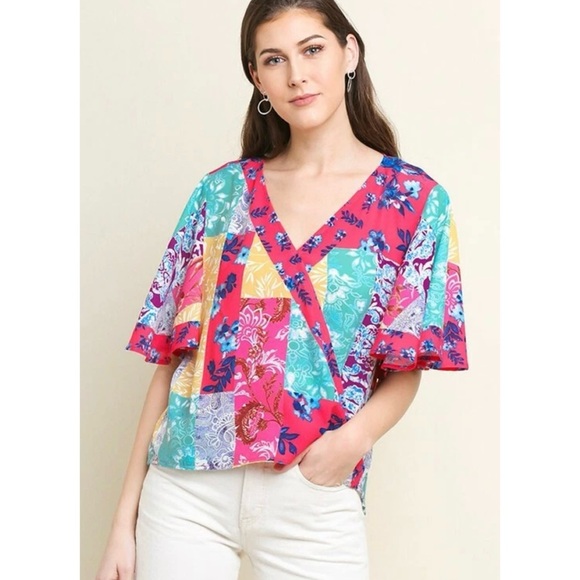 Umgee Tops - Umgee Mock Wrap Crossbody Flutter Sleeve Mixed Print Top